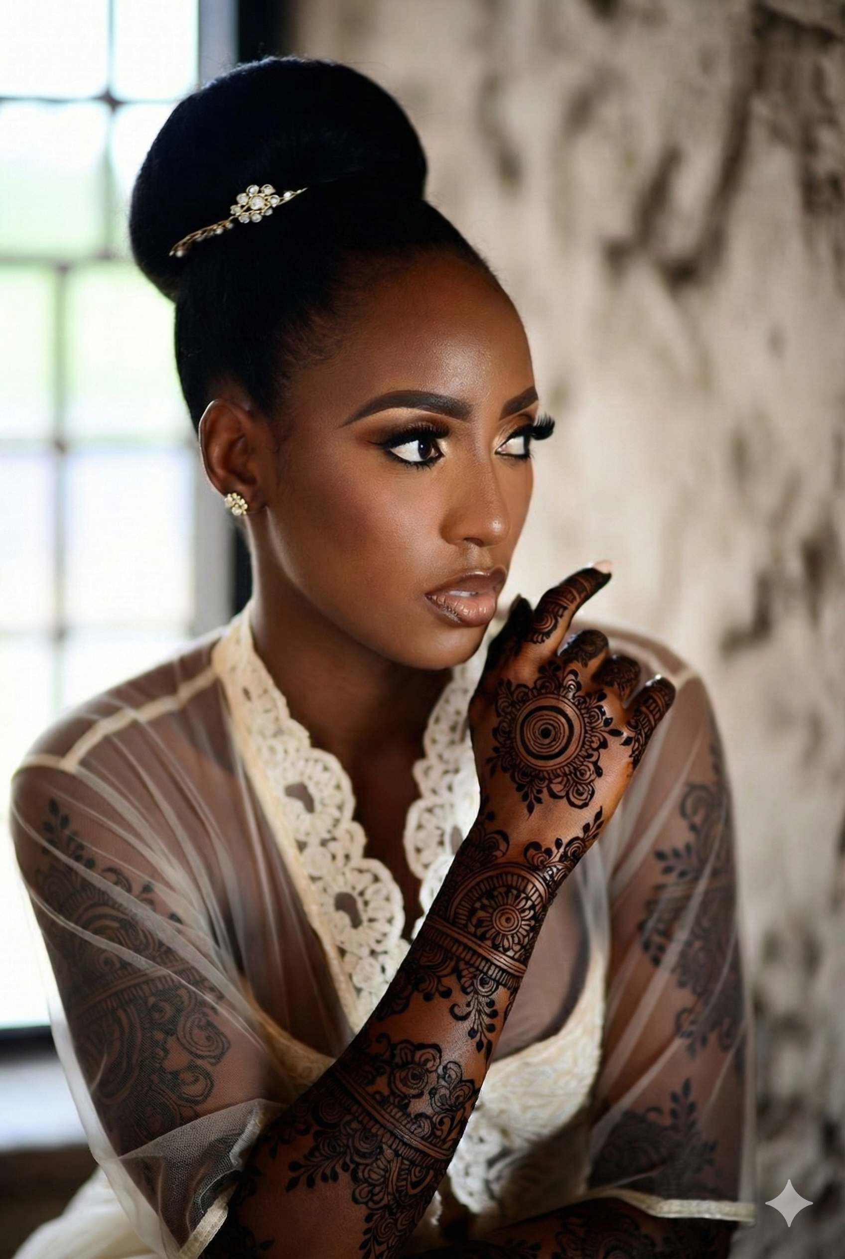 a bride with intricate henna designs on her hands and arms