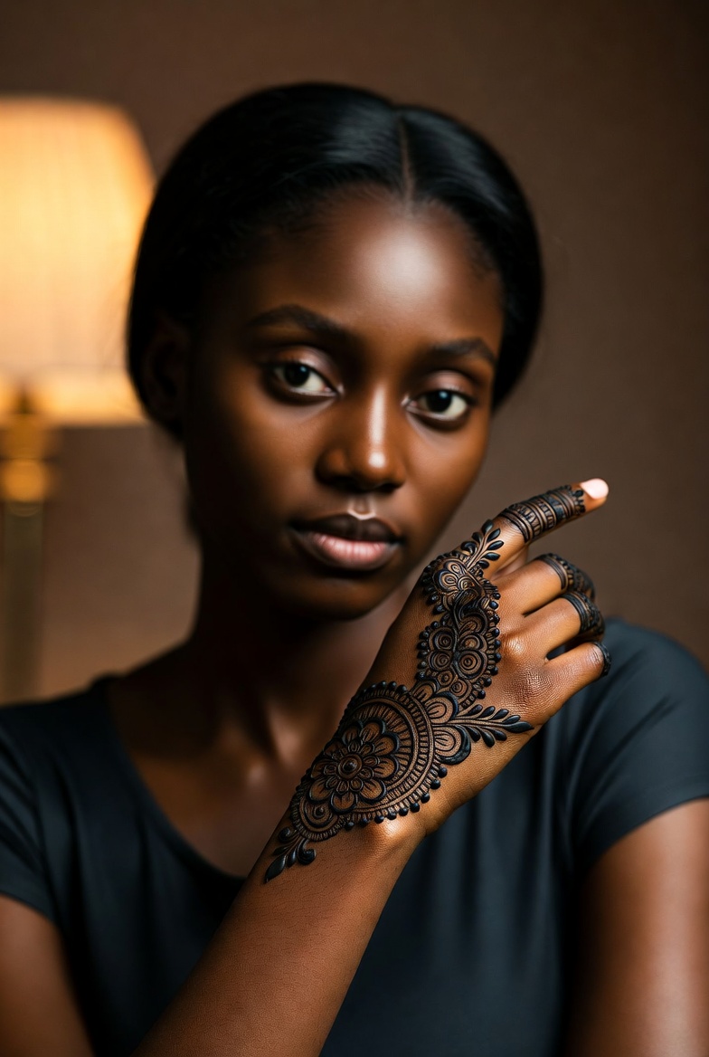 a dark skin woman with a casual henna design on her hand