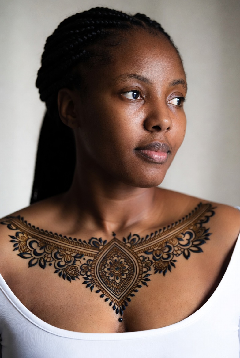 a beautiful woman with henna on her chest