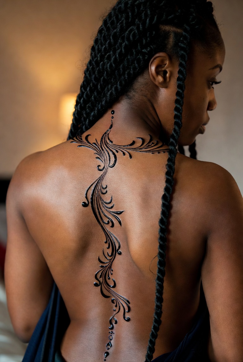 a dark skin woman with a beautiful spine henna design
