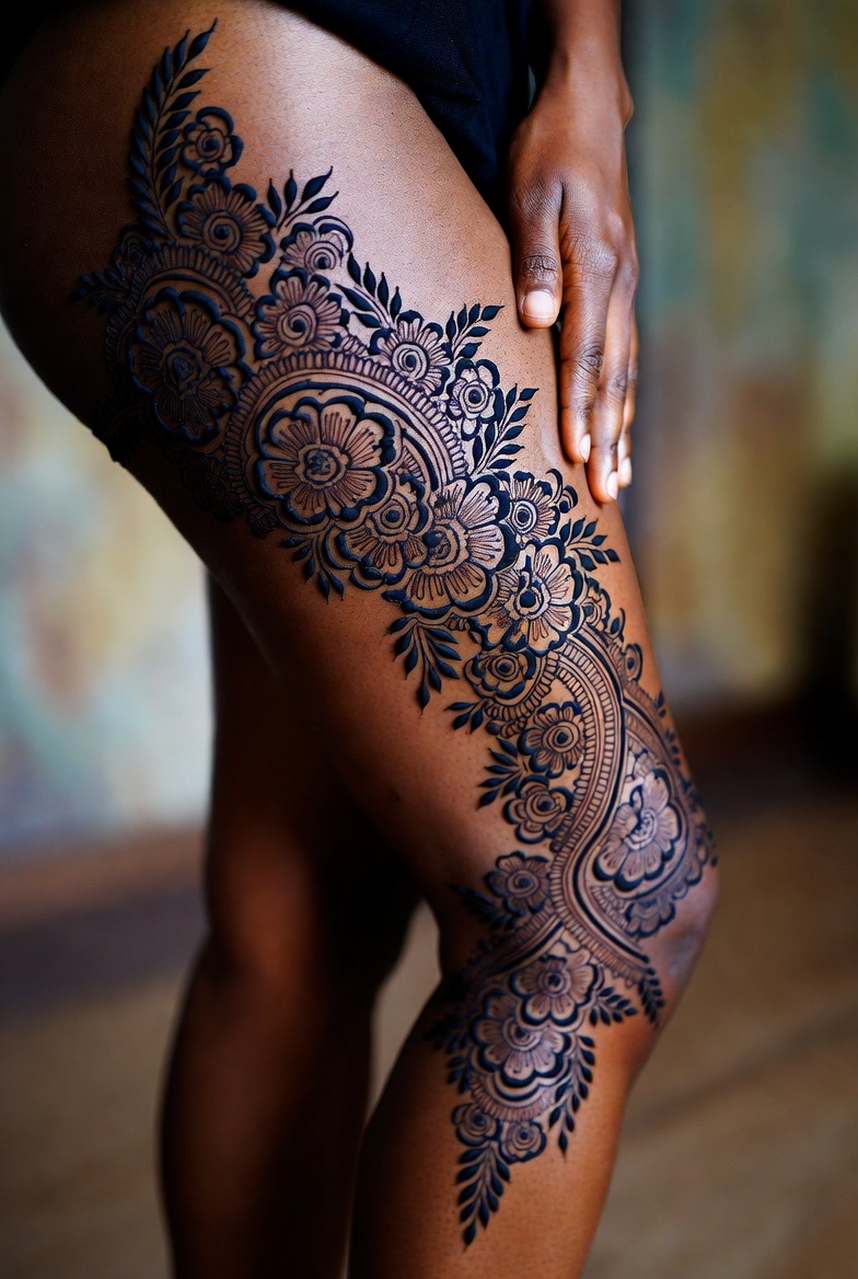 a woman with a beautiful thigh henna design